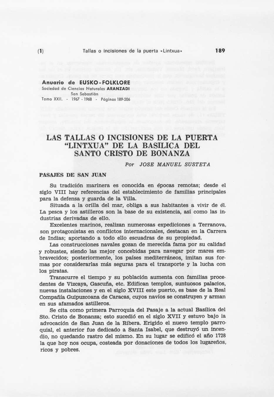 (1) Tallas o incisiones de la puerta «Lintxuan 189 Anuario de EUSK-FLKLRE Sociedad de Ciencias Naturales ARANZADI San Sebastián Tomo XXII.