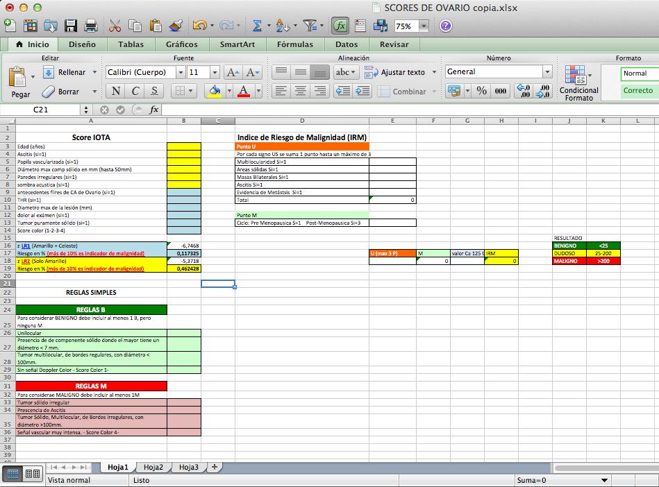 USO DE LA PLANILLA EXCEL DE SCORES DE OVARIO: La planilla Excel contiene todos los scores que se encuentran en la actualidad, los cuales explicaremos a continuación. 1.