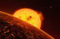 COROT Y SU DESCUBRIMIENTO 20 Impresión artística del planeta extrasolar HD 189733b, del tamaño de Júpiter, cuya atmósfera contiene metano y agua (a partir de estudios realizados con los telescopios