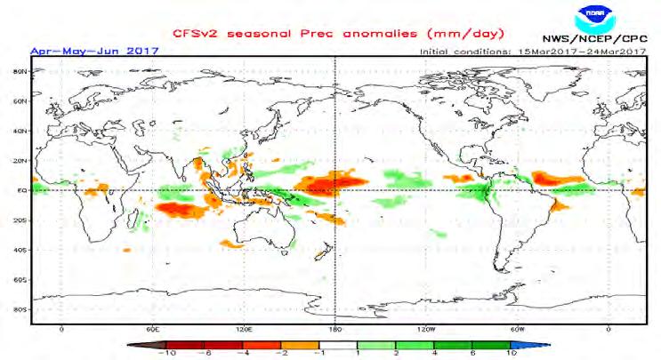 Pronóstico de El Niño (modelo CFSv2, NCEP-NOAA, 26 marzo 2017) EN 3.