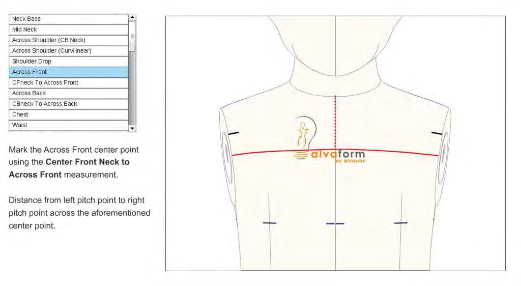 ANCHO FRONTAL / ACROSS FRONT Defina el ancho frontal usando la medida del centro frontal del cuello. Vea la imagen de abajo. Distancia de izquierda a derecha como muestra la ilustración.
