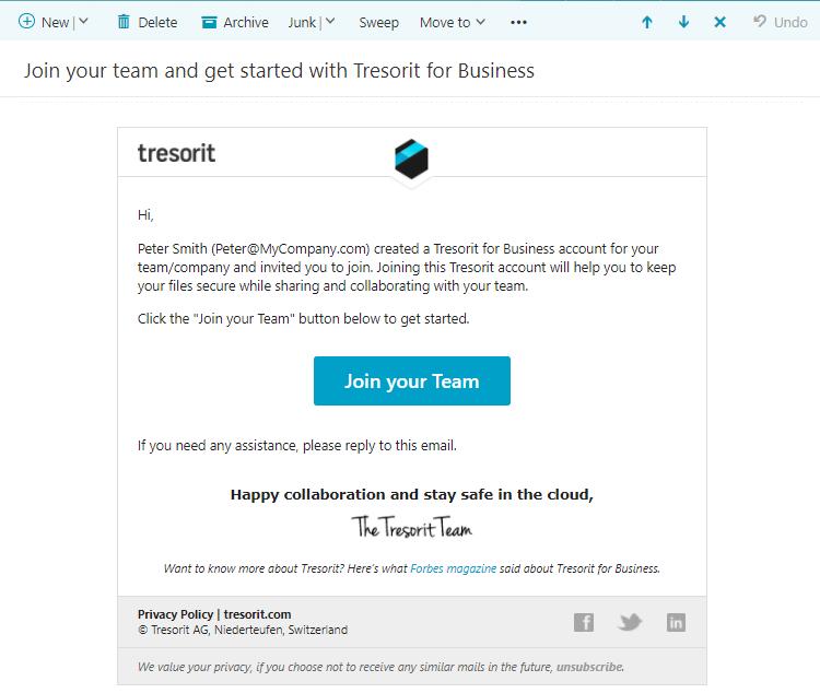 Acepta tu invitación... Encontrarás una invitación de correo electrónico expedida por team@tresorit.com en tu bandeja de entrada.