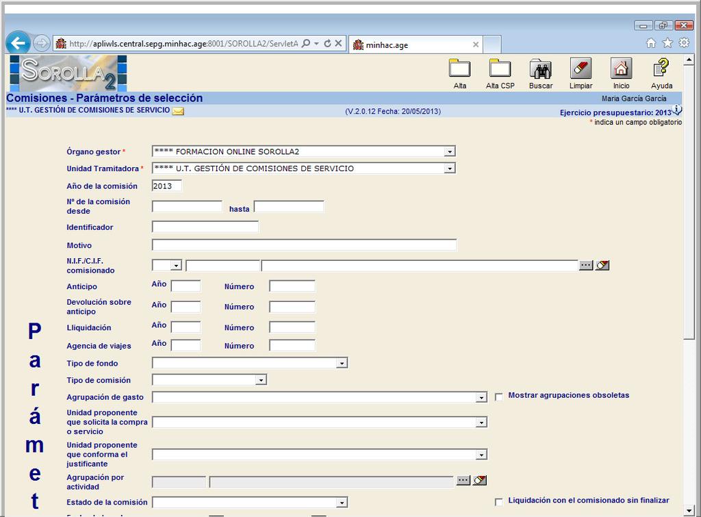 La pantalla paramétrica nos permite seleccionar las comisiones de servicio ya registradas en el sistema.