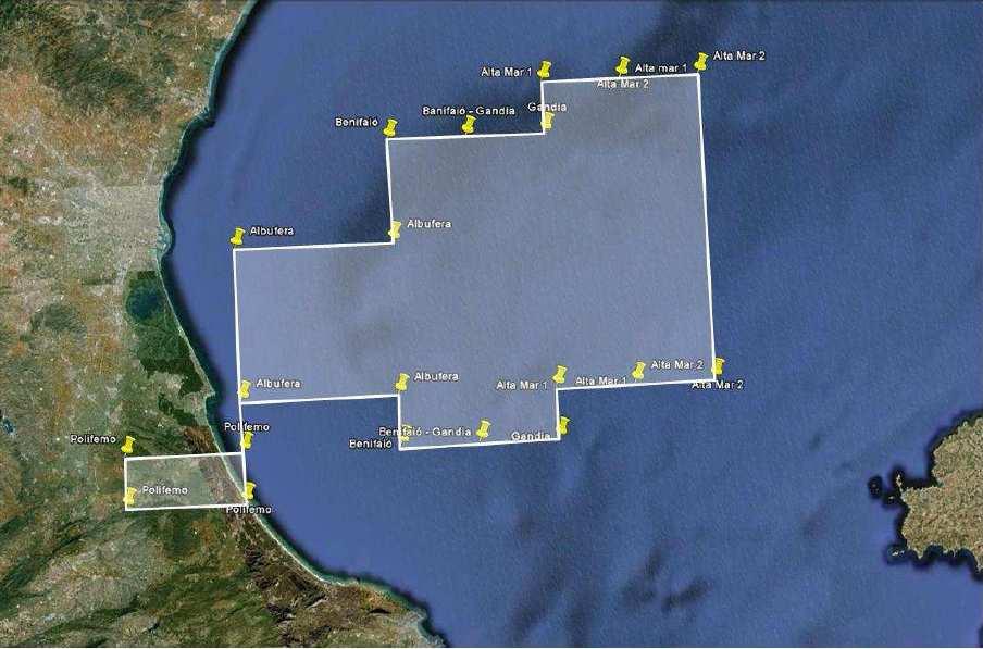 5 Los permisos para investigar la presencia de hidrocarburos se centran en un área ubicada en la plataforma continental levantina y localizada entre el frente litoral de la Comunidad Valenciana y las