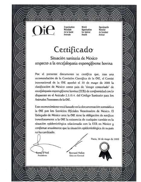 Situación actual El 30 de mayo de 2008, la OIE certifica a México como país de riesgo controlado de encefalopatía espongiforme bovina.