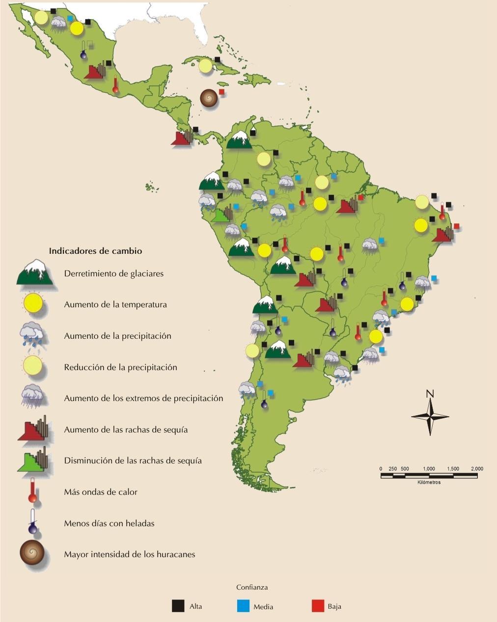El Cambio Climático y Latino América El Cambio Climático está siendo relacionado con fenómenos que se vienen presentando a lo largo y ancho de la región: Retroceso de los glaciares en la cordillera