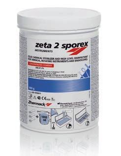ZETA 2 SPOREX es apto para la detersión, la desinfección de alto nivel y la esterilización química en frío de los instrumentos odontológicos (bisturís, alicates, pinzas, fresas, espejos, sondas, etc.