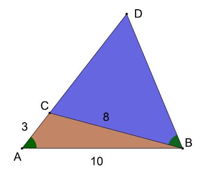 Página 1 de 0 Marzo 19, 6: En la figura se conocen los lados del triángulo ABC: AB = 10, AC = 3 y CB = 8. Se sabe, además que CBD = CAB.