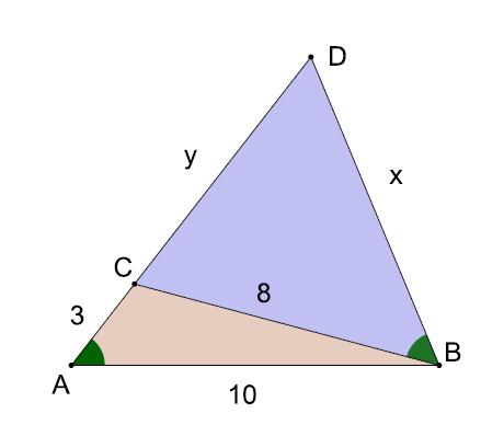 Solución: Los triángulos DCB y DAB son semejantes ya que tienen el ángulo CDB en común y DCB = {suma de los ángulos del ABC =180 } = CAB + ABC = { CAB = CBD} =