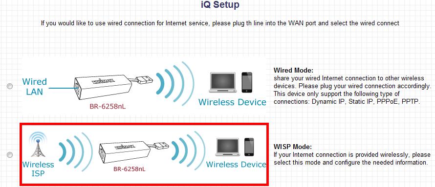 IV.b. Modo WISP En el modo WISP, el enrutador de viaje recibe una señal inalámbrica y la emite a múltiples dispositivos inalámbricos. 1. Seleccione el modo WISP en la pantalla de configuración. 2.