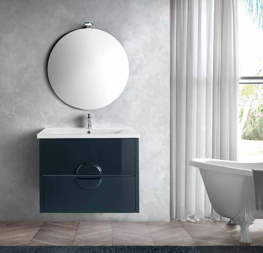 Capri Set 80 Conjunto compuesto por bajo portalavabo Capri acabado en gris marengo, con espejo modelo Adis y aplique modelo Flex y lavabo de porcelana gruesa.