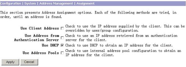 asignación de dirección, especifique el método de asignación de la dirección IP con el checkboxes proporcionado.