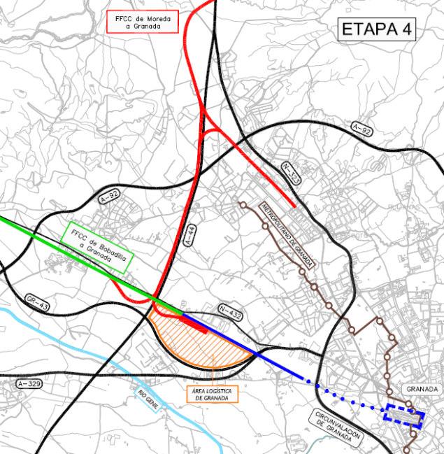 Fig 25: Propuesta de ejecución de actuaciones por etapas. - Etapa 1: Finalización de las obras en superficie y llegada de los servicios de alta velocidad a Granada.