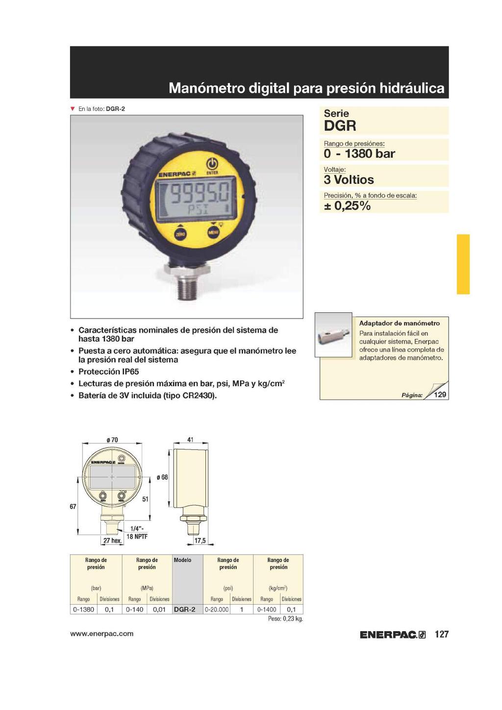 Manómetro digital para presión hidráulica T En la foto: DGR-2 Serie DGR Rango de presiónes: 0-1380 bar Voltaje: 3 Voltios Precisión, % a fondo de escala: ± 0,25% Características nominales de presión