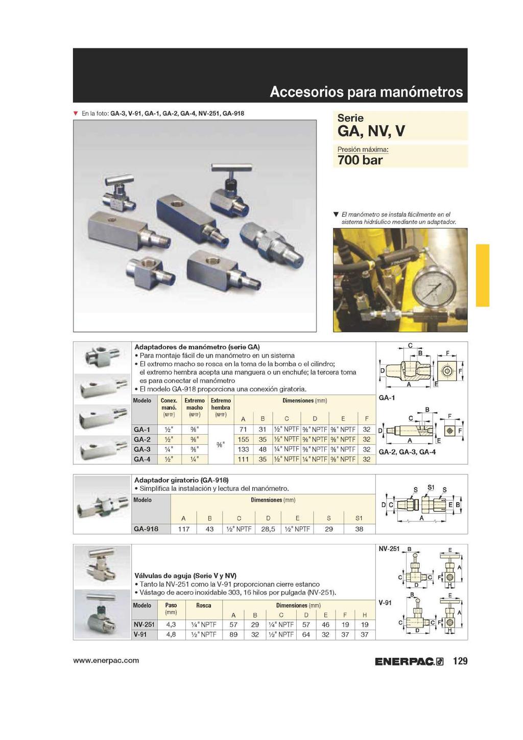 T En la foto: GA-3, V-91, GA-1, GA-2, GA-4, NV-251, GA-918 Accesorios para manómetros Serie GA, NV, V Presión máxima: 700 bar El manómetro se instala fácilmente en el sistema hidráulico mediante un