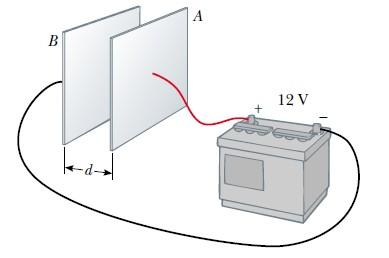 Ejemplo 1: Una batería produce una diferencia de potencial de 12 V entre dos placas conductoras planas y paralelas, conectadas a los terminales de la batería (ver dibujo).