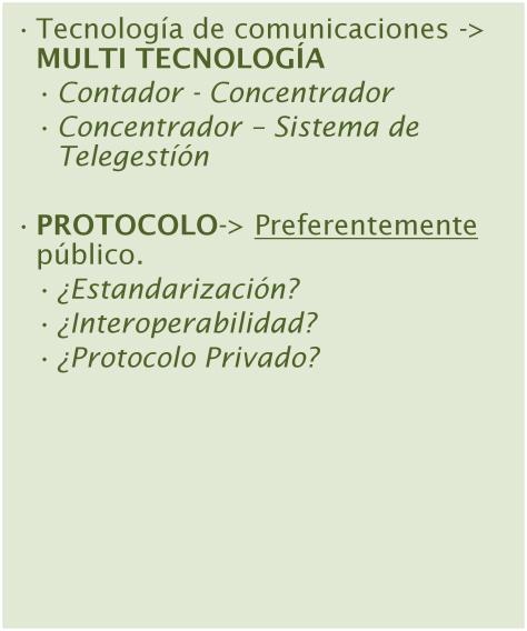 Requisitos no fijados Tecnología de comunicaciones -> MULTI TECNOLOGÍA Contador - Concentrador Concentrador Sistema de Telegestíón PROTOCOLO-> Preferentemente público. Estandarización?