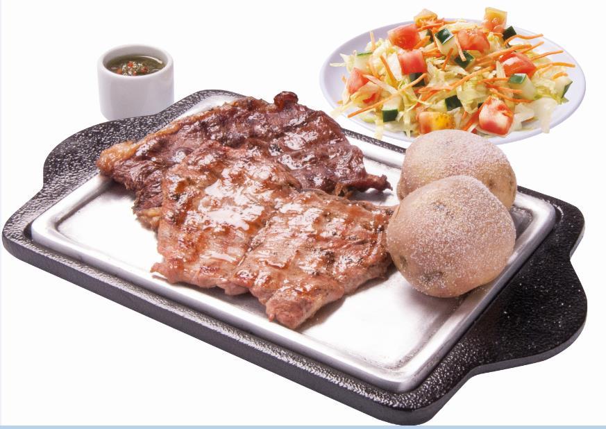 - Parrillada Ejecutiva 100 grs Cerdo, 110 grs Steak, 2 papas saladas,