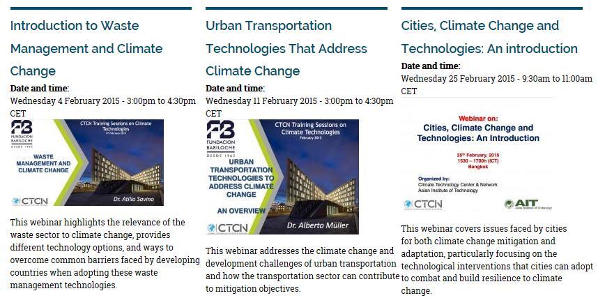 Desarrollo de capacidad: CTCN Webinars tecnológicos Semanales (miércoles por la mañana)