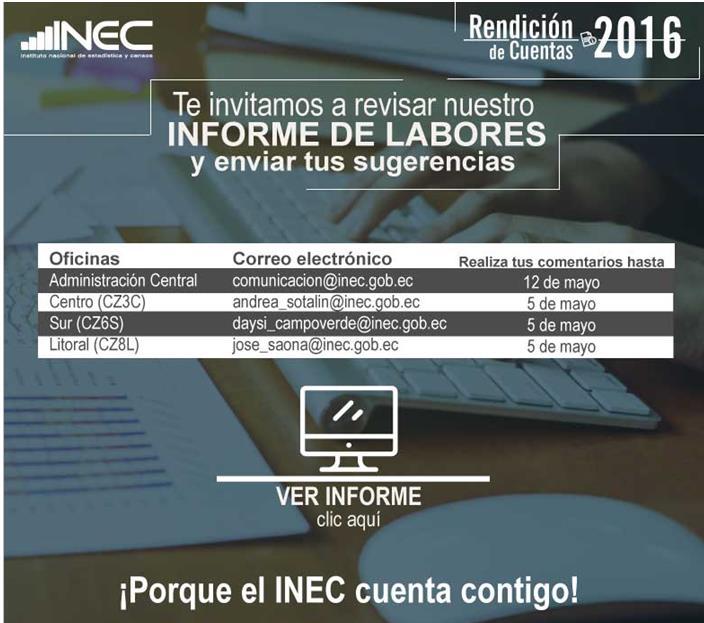 Fase 3 1. Difusión Informe Rendición de Cuentas: Se socializó en la página web www.ecuadorencifras.gob.