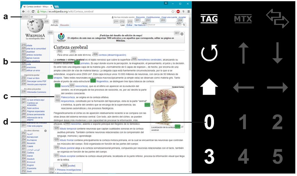 Figura 3. Interfaz de usuario: la matriz de comandos se muestra a la derecha de la pantalla y una página de Wikipedia en la parte izquierda.