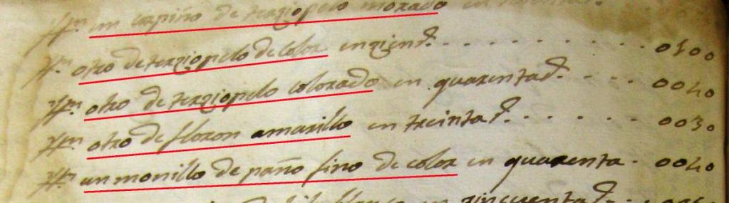 60 r. Ítem. Un monillo de barabute negro en cincuenta. 50 r. Doc. nº 5 (continuación).- Expediente de dote solicitado por Ana González Toruño (fragmento). (A.P.N.E.C.) 1817. Ítem. Un corpiño de terciopelo morado Ítem.
