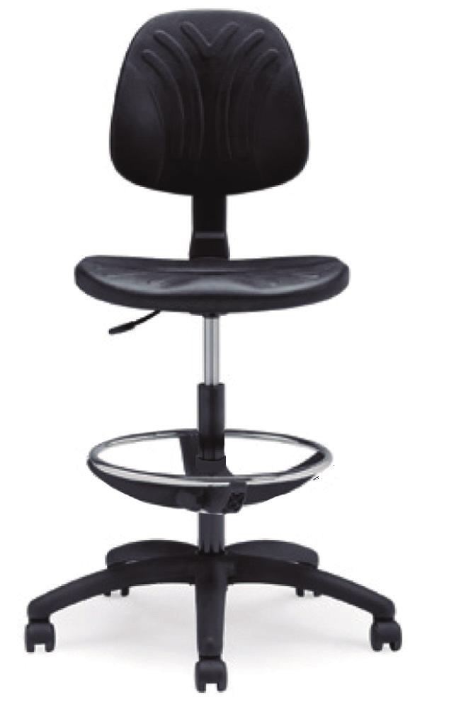 COLORES DISPONIBLES Modelo LABOR 1 Taburete con asiento y respaldo giratorio en poliuretano color negro. Mecanismo fijo con elevación a gas. Base de nylon en color negro con 5 ruedas.