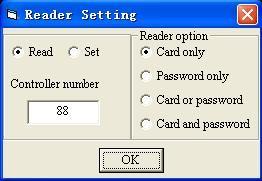 Ingrese al cuadro de la configuración de la lectora como sigue: Esta configuración es solo para la lectora de proximidad integrada. Solo tarjeta: solo lectura de tarjeta para abrir la puerta.