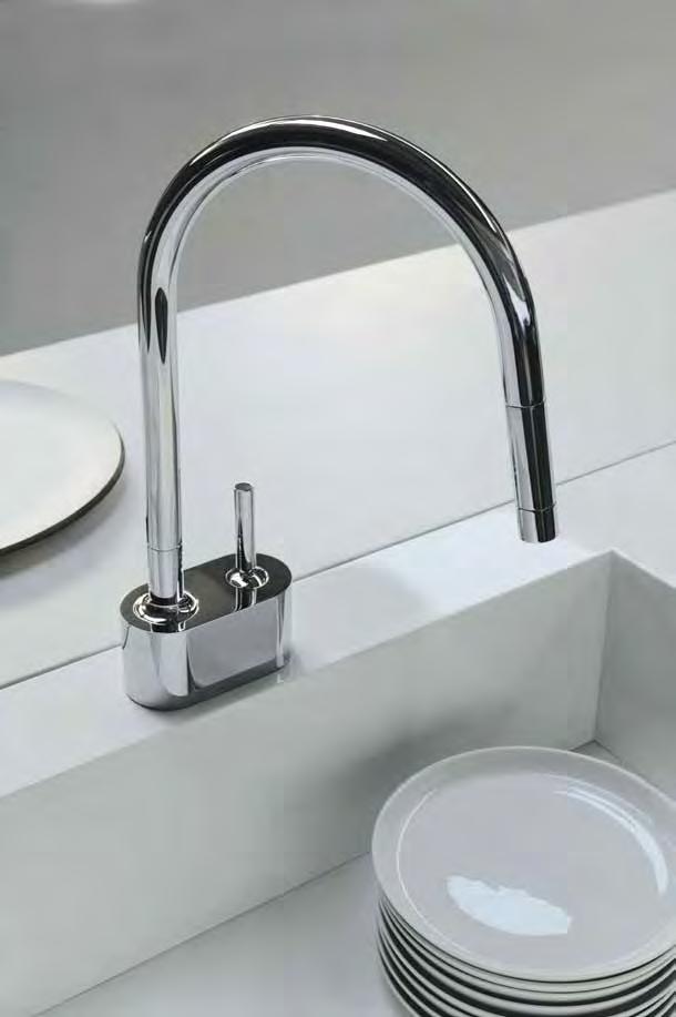 Single lever mixer with swivel spout and pull-out spray.