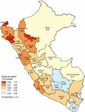 Variacion % mensual del Índice de Precios al Consumidor a nivel Nacional y Principales Ciudades Ciudades Variación % Moyobamba 1,14 Tumbes 0,75 Chiclayo 0,69 Tarapoto 0,60 Huaraz 0,60 Chachapoyas