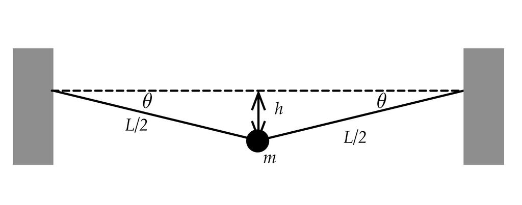 Un pájaro de masa m = 0. kg se posa justo en el medio sobre una cuerda para tender ropa de largo L = 1 m, descendiendo una altura h = 5 cm en el proceso. Calcule la tensión en la cuerda.