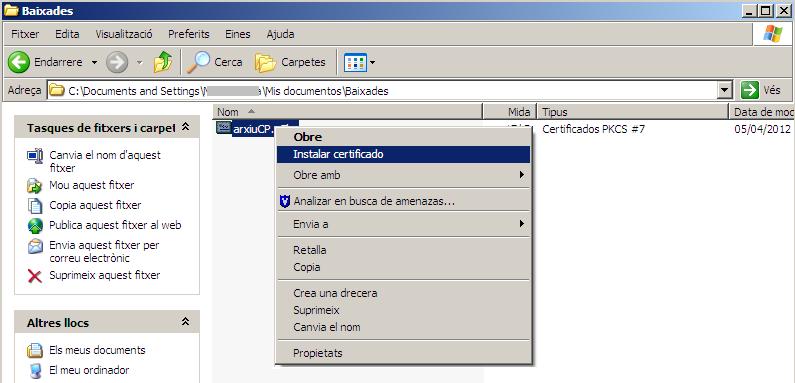 Internet Explorer: Desem l arxiu que descarreguem en una ubicació coneguda i fem clic sobre el fitxer amb el botó dret, seleccionant Instalar certificado : Ens