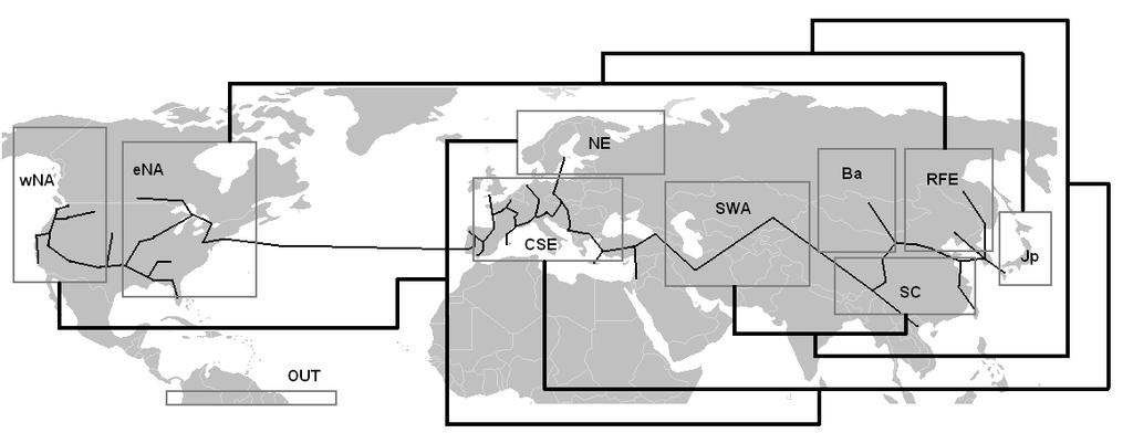 Distribuciones corresponden a Sironidae (verde vivo), Plateumaris (verde pálido), Brychius (morado), Gomphocerinae (amarillo), Berberidaceae (naranja), Hammamelis (azul).