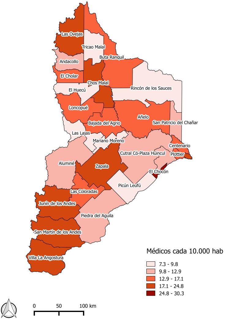 Mapa Nº Médicos cada. hab., según Área Programa. Año 5. Provincia del Neuquén.