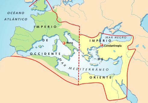 1. Los pueblos germánicos y la caída del imperio. El Imperio Romano dominó el Mediterráneo por cientos de años, pero en el 395 a.c., el Emperador Teodosio dividió el Imperio en dos: El Imperio de Occidente,con capital en Roma,que quedó muy débil.