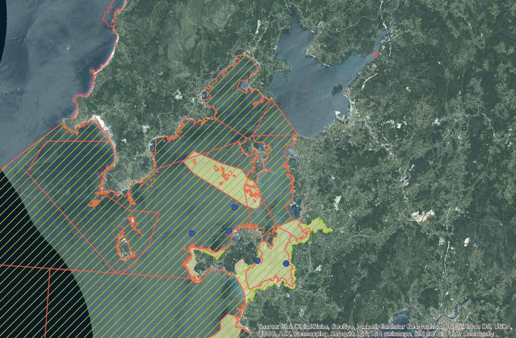 Situación de partida y perspectivas de la actividad acuícola en la Red Natura 2000 en España Imagen 7 - Superposición de diferentes capas cartográficas para la planificación espacial de la