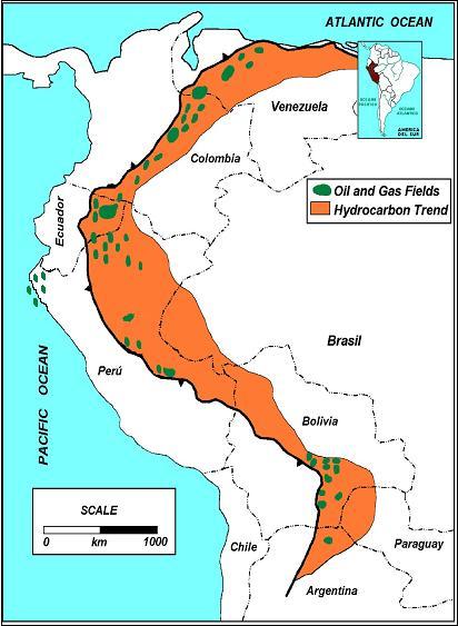 TENDENCIA DE OCURRENCIA DE HC Perú se ubica dentro de la más prolífica megatendencia hidrocarburífera en America del Sur La Megatendecia del Subandino 1 Áreas de crudo ligero en la Cuenca Marañón