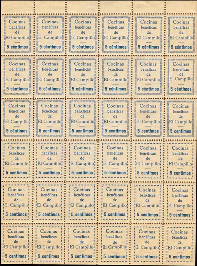 Se imprimen en pliegos de 36 sellos, 18 (tres primeras filas) con recuadro de grecas y 18 (tres últimas filas) con recuadro de
