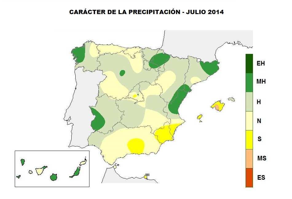 Precipitación La precipitación media sobre España del mes de Julio ha alcanzado los 25 mm., valor que supera ligeramente la media del mes, que es de 23mm (Periodo de Referencia: 1971-2000).