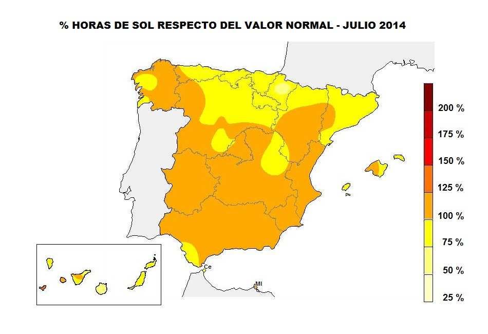 Insolación y otras variables La insolación acumulada quedó ligeramente por debajo de los valores normales del mes en el tercio norte peninsular salvo en Galicia, así como en la mayor parte de