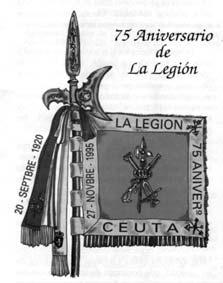 El matasellos representa el emblema legionario, el cual se inserta en un banderín representativo de cualesquiera de los Tercios, y todo ello suspendido de una