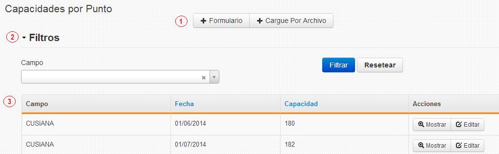REGISTRO DE CAPACIDADES POR CAMPOS Cuando ingresa muestra el listado de campos registrados y sus capacidades para cada mes, así como las opciones de adicionar registros y filtros por campo. Figura 12.