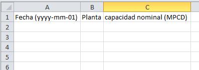 Figura 24. FORMATO DE REGISTRO DE CAPACIDADES DE PLANTAS Es un archivo plano en formato csv, conformado por tres (3) columnas, cuyas validaciones se pueden consultar en el vínculo de validaciones.