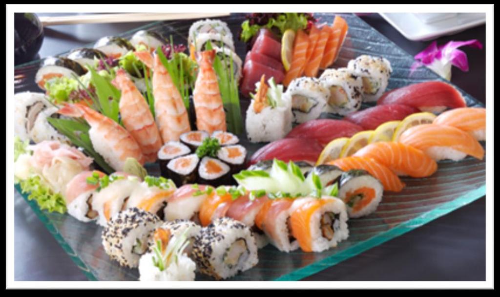 Sushi Menu 24 per person (8 pieces) Special Veggie (Pepper, Cucumber, Avocado, Sesame) Nori Roll (Salmon, Cream Cheese, Avocado) Nigiri Salmon Nigiri Prawn Menú Sushi 24 por persona (8 piezas)