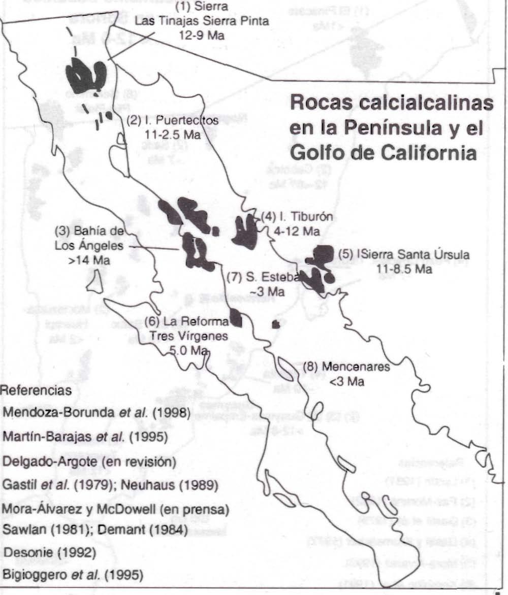 Volcanismo toleítico del Neogeno y Cuaternario en la península de Baja California y el Golfo. e Referencias (1) Mendoza-Borunda al. (1998) (2) Martln-Barajas al.