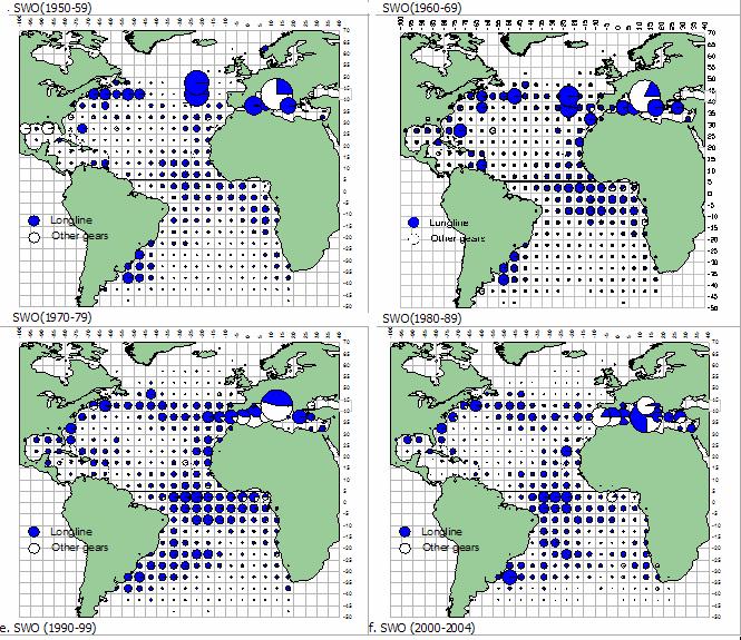 SWO-ATL-Figura 1. Distribución geográfica de la captura acumulativa (t) de pez espada, por arte, en la Zona del Convenio.