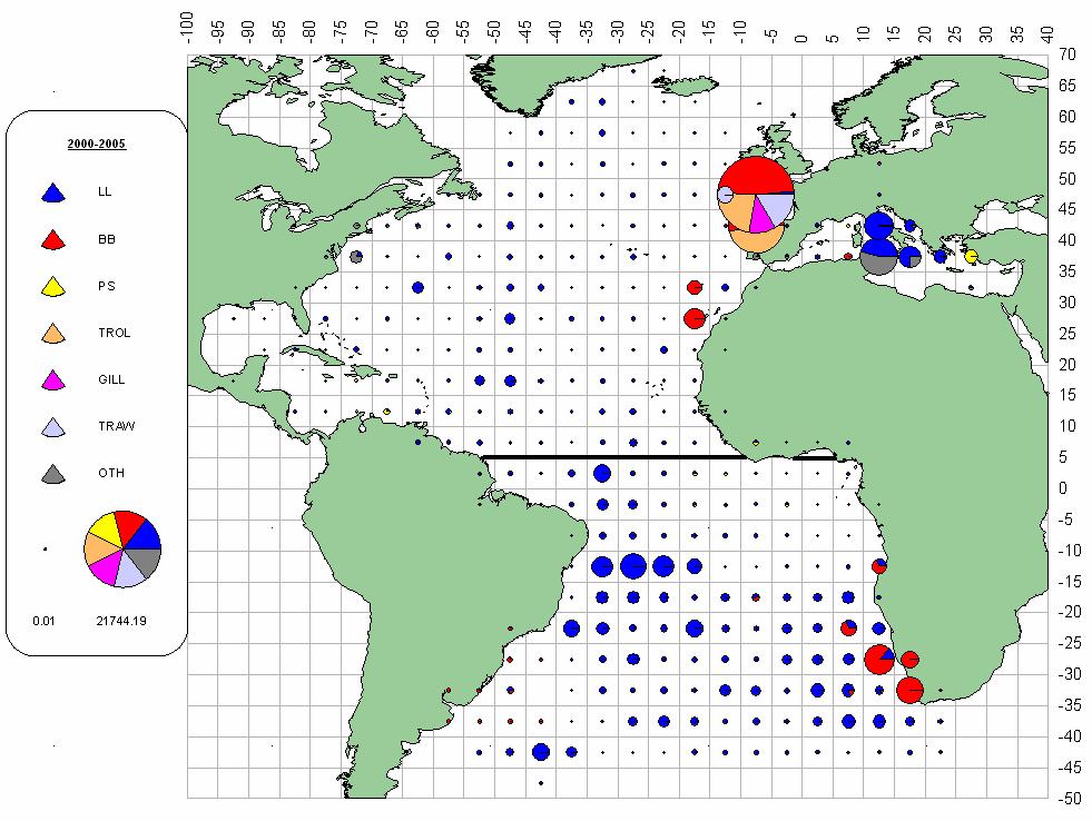 ALB-Figura 1.b. Distribución espacial de las capturas medias de atún blanco para 2000-2005 por arte.