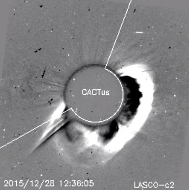 Actividad solar: Eyecciones de masa coronal Sistema CACTus de detección de eyecciones de masa coronal (EMC). Se detectó una EMC el 28 de diciembre a las 12:00 TU.