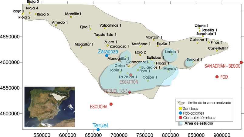 Figura 12 Límites de la cuenca del Ebro con la posición de los sondeos analizados y áreas de especial