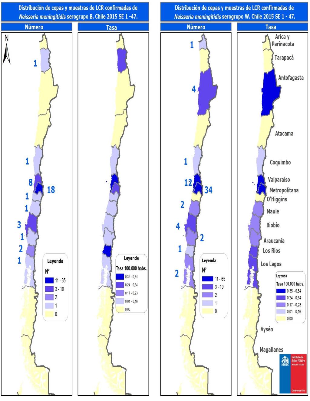 5 El 48,6% (18/37) de las cepas y muestra de LCR correspondientes al serogrupo B proceden de la Región Metropolitana y el 21,6% (8/37) de la Región de Valparaíso.